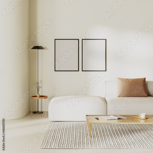 Blank poster frames in minimalist living room interior with curvy wall, sofa with pillows and beige plasters walls,. Interior mockup, 3d render