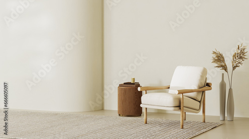Fototapeta Naklejka Na Ścianę i Meble -  Beige contemporary minimalist interior with curvy wall ,armchair, blank wall, coffee table, rug and decor. 3d render illustration mockup