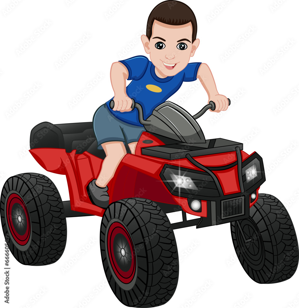 Cartoon Cheerful Boy on an ATV. Vector Illustration of a Cute Character