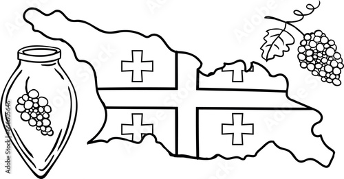 Outline Simple Map of Georgia, Kvevri and grape on a white background. Vector illustration. Vessel for storage and maturation of wine. Traditional Georgian wine making.