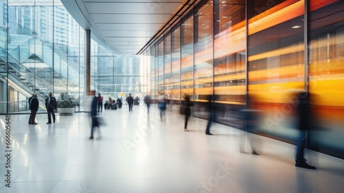 Business people rushing in office lobby with motion blur