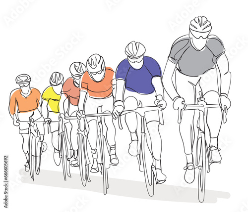 Cyclists out racing along country lanes Line art vector Illustration. Cycling