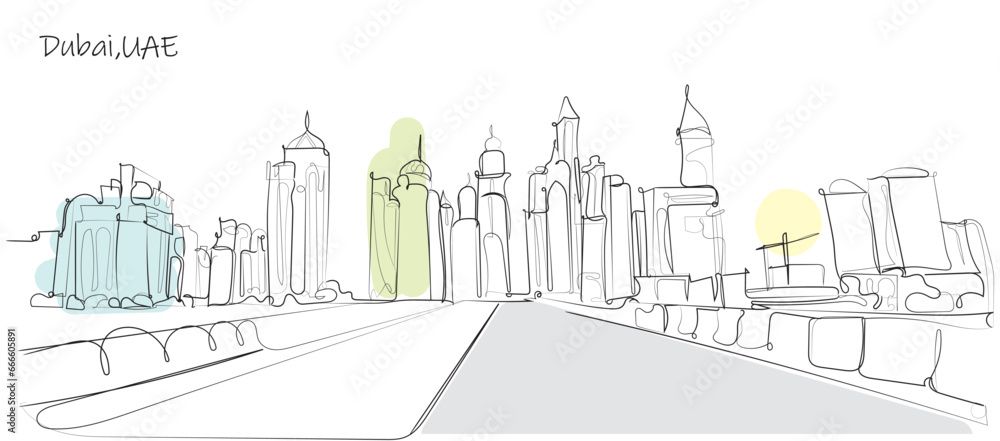 Line art of Dubai City Center United Arab Emirates.Line art vector of skyline of Duai. Explore dubai. Isolated design for printing.