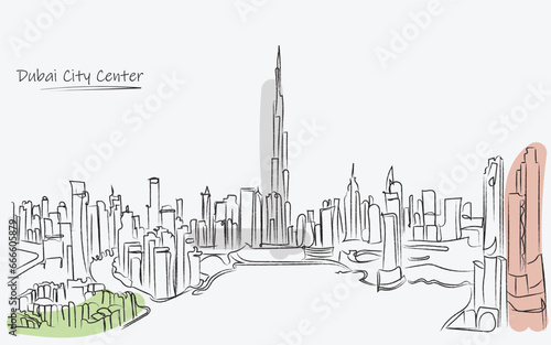 Line art of Dubai City Center United Arab Emirates.Line art vector of skyline of Duai. Explore dubai. Isolated design for printing.