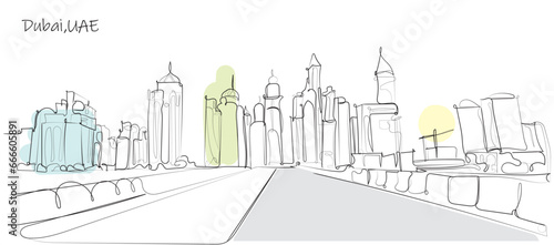 Line art of Dubai City Center United Arab Emirates.Line art vector of skyline of Duai. Explore dubai. Isolated design for printing. photo