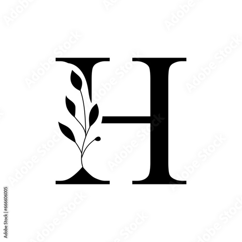 Floral botanical alphabet vintage hand drawn monogram letter H