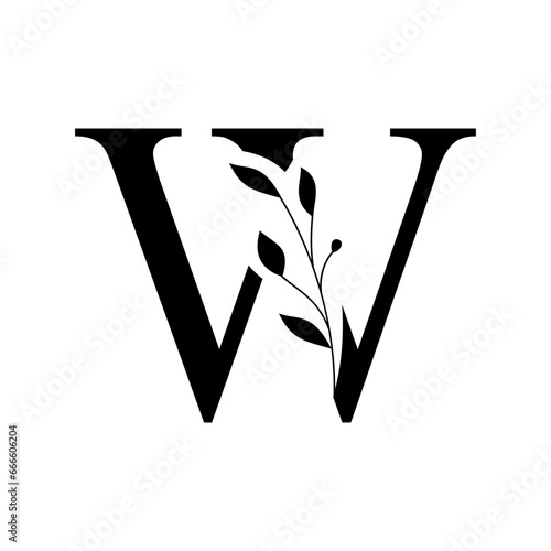 Floral botanical alphabet vintage hand drawn monogram letter W