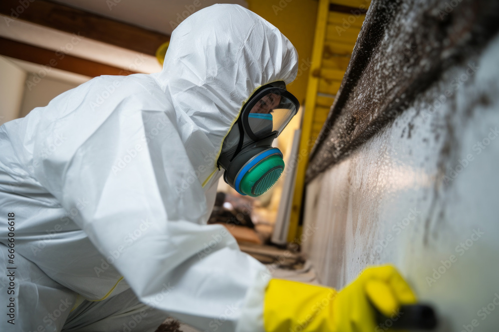 A professional technician in protective gear working to remove mold from a home. Generative Ai - obrazy, fototapety, plakaty 