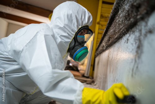 A professional technician in protective gear working to remove mold from a home. Generative Ai photo