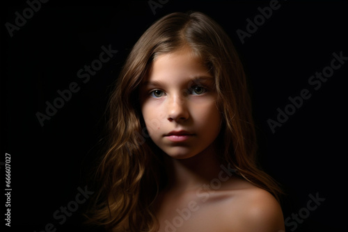 Studio portrait of a young cute girl in a low key on a black background