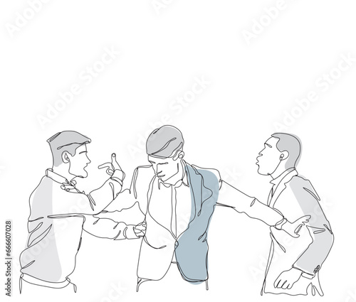 Two angry business man separated by male collegue. Fighting and racial conflicts at workplace. Harassments and quarreling at work