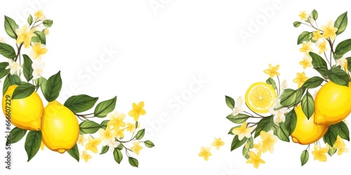 Watercolor lemon decorative border isolated on white.