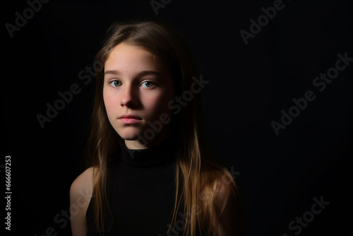 Studio portrait of a young cute girl in a low key on a black background