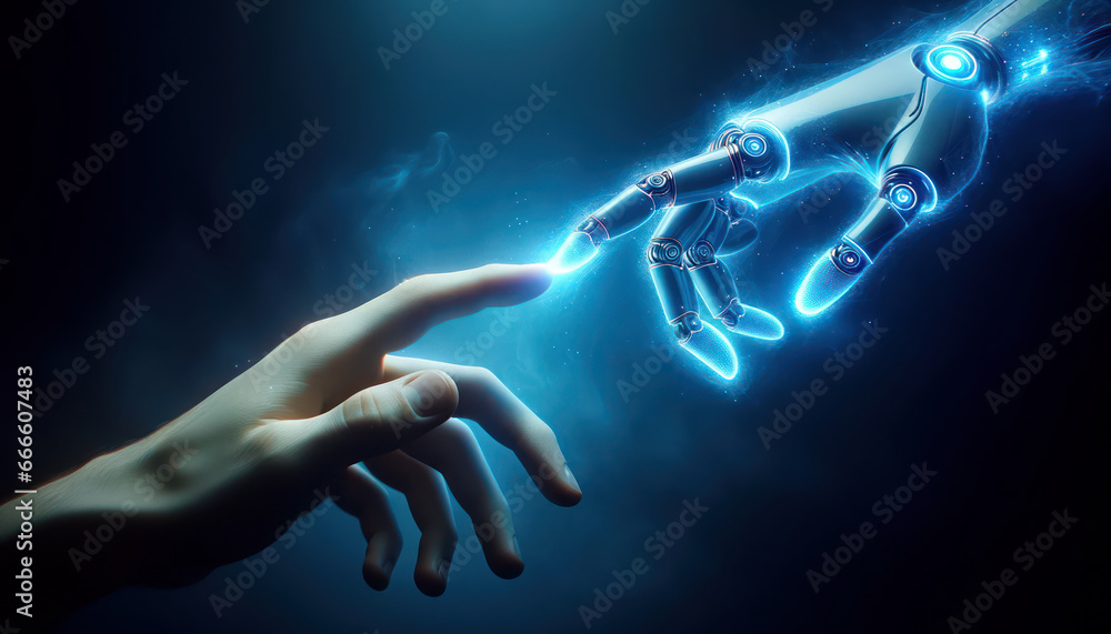 Robot hand making contact with human hand. Concept of harmonious coexistence of humans and AI technology.