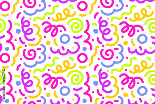 Seamless pattern of colorful abstract squiggles print, scribble spiral and wavy lines. retro 80s style. Chaotic ink brush scribbles. Vector illustration.