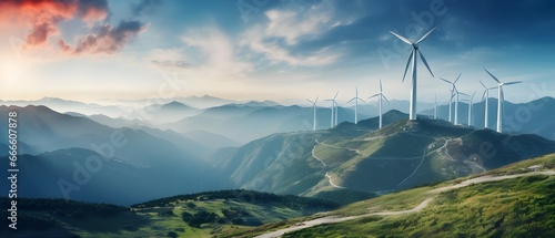 Renewable energy wind turbines on the mountain photo
