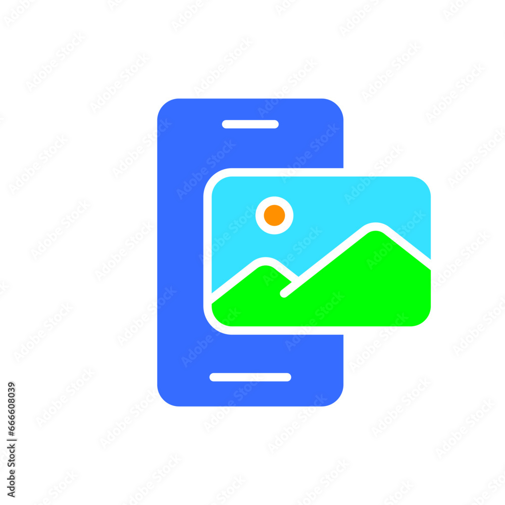 Smartphone with gallery line icon. Gadget, social network, applications, Internet, technology. Vector color icon on a white background for business and advertising