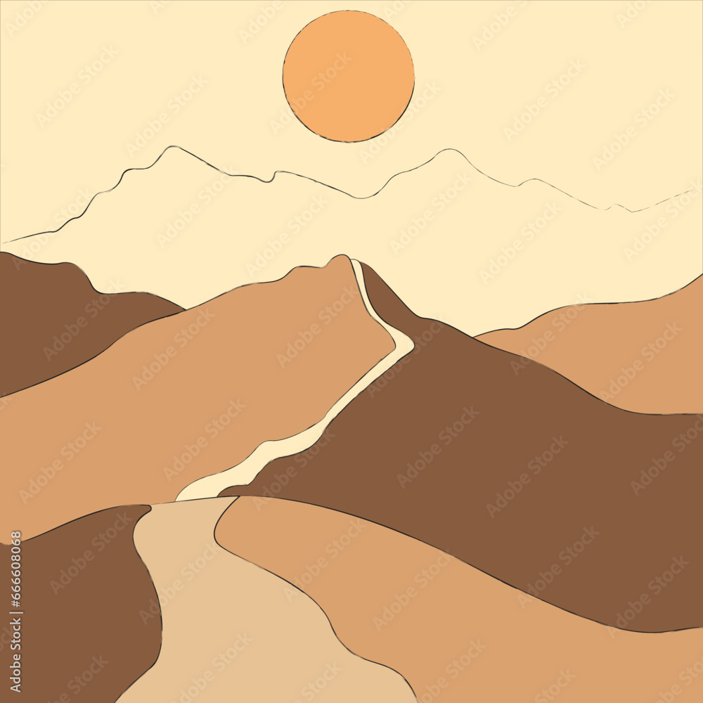 This is a vintage desert landscape with mountains and sunset.