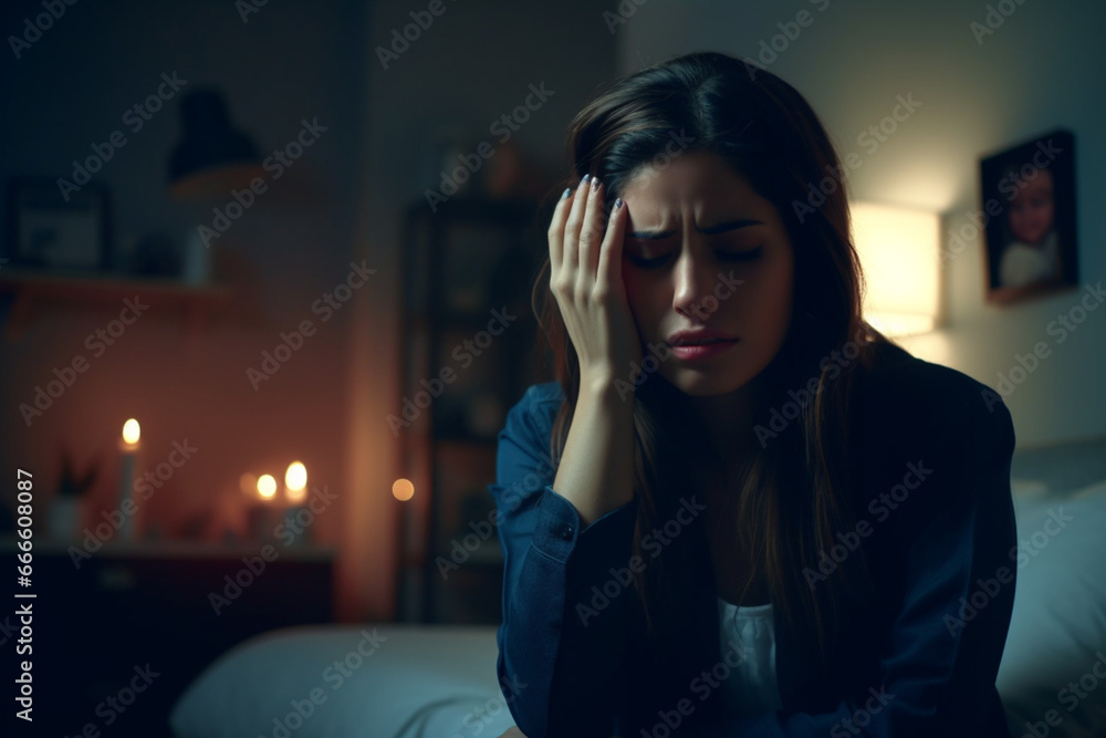 Stressed Woman Suffering a Migraine at Night before Going to Sleep
