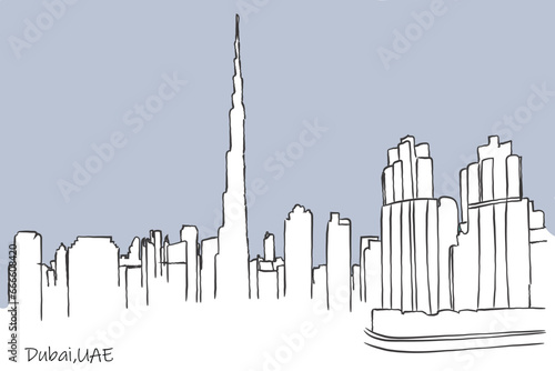 Line art of Dubai City Center United Arab Emirates.Line art vector of skyline of Duai. Explore dubai. Isolated design for printing.