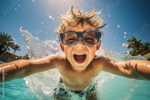 Photo of a happy laughing child swimming in the pool.