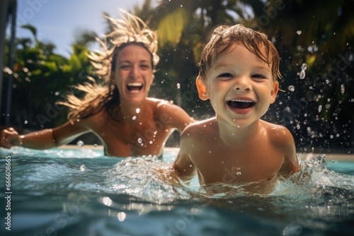 Photo of a happy family swimming in the pool. Family and holiday concept