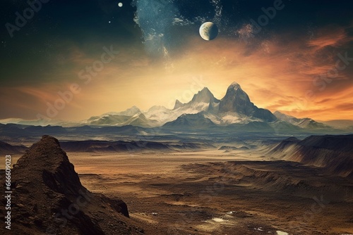 A photograph of moon's mountains with Earth in the backdrop. Generative AI