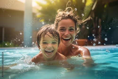 Photo of a happy family swimming in the pool. Family and holiday concept © koplesya