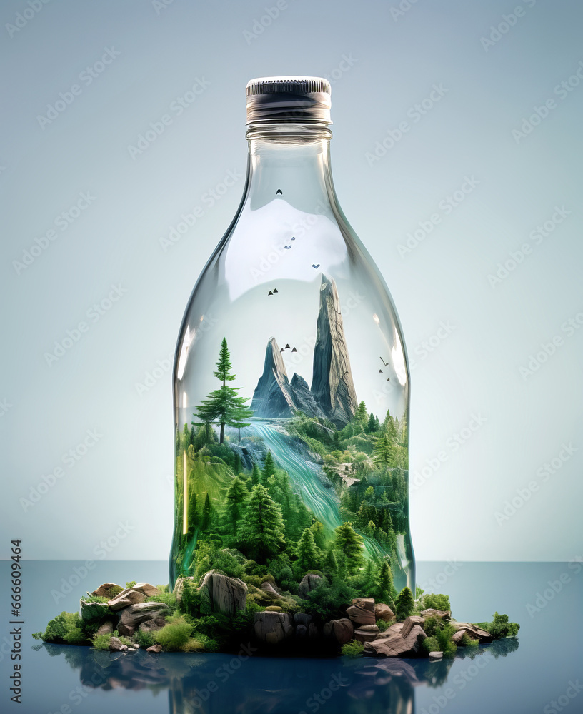 A bottle filled with water, with a view of the mountains inside, in the style of high detail, made of glass, the concept of fighting for the environment, against the use of plastic A bottle filled with water, with a view of the mountains inside, in the style of high detail, made of glass, the concept of fighting for the environment, against the use of plastic