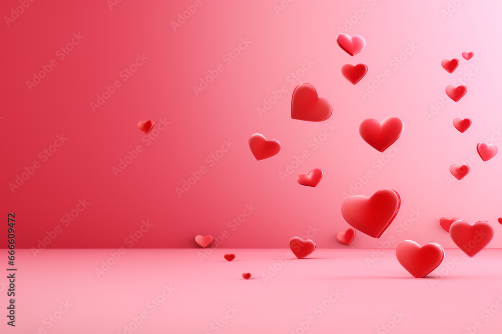 Red flying hearts on pink background. Design for Valentine's day, women's day, mother's day.