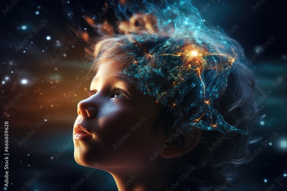 The image of a child is mixed with the image of space and the universe. Child's dreams of space, conquering the universe The image of a child is mixed with the image of space and the universe. Child's dreams of space, conquering the universe