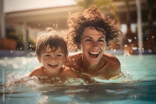Photo of a happy family swimming in the pool. Family and holiday concept
