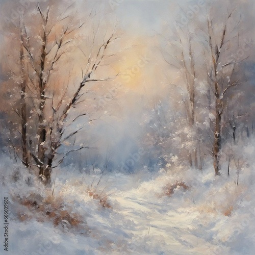 beautiful winter landscape painting, impressionism, contemporary art, detailed