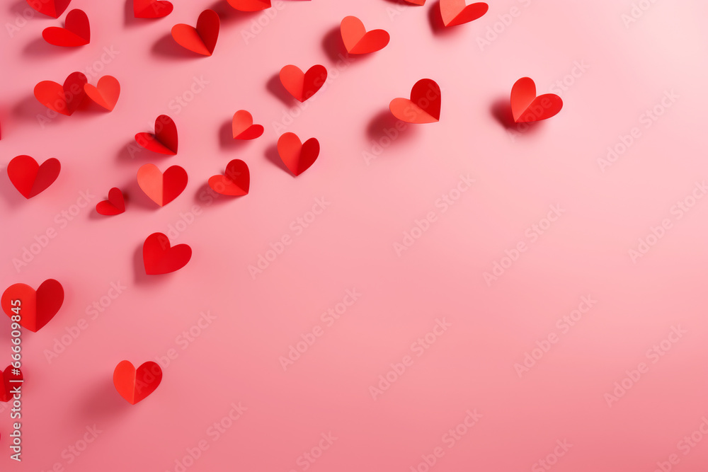 Red hearts on pink background. Design for Valentine's day, women's day, mother's day.