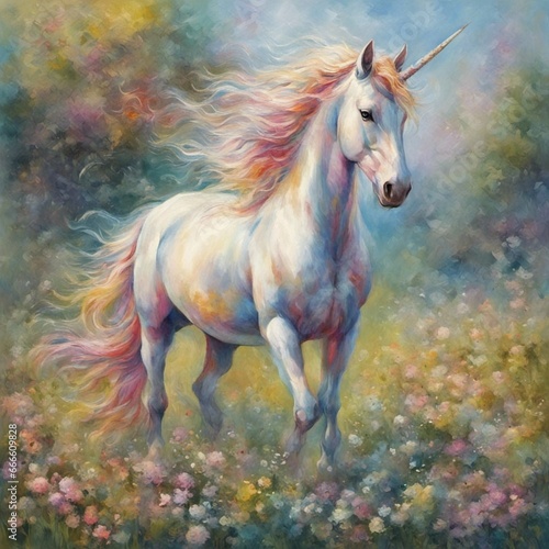 beautiful mystical unicorn painting, impressionism, contemporary art, detailed © khaladok