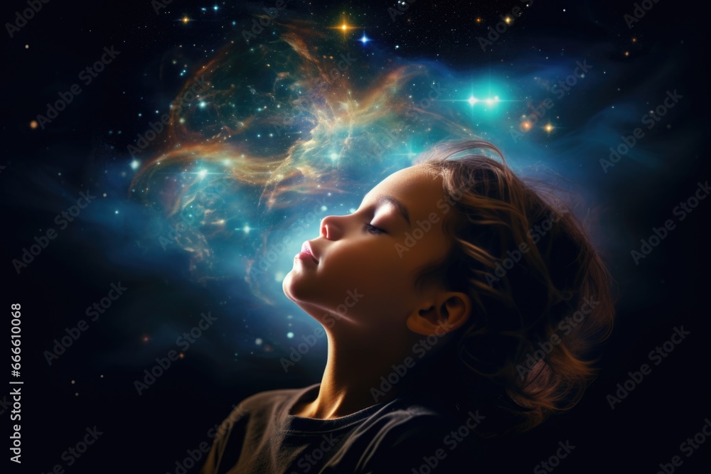 The image of a child is mixed with the image of space and the universe. Child's dreams of space, conquering the universe The image of a child is mixed with the image of space and the universe. Child's dreams of space, conquering the universe