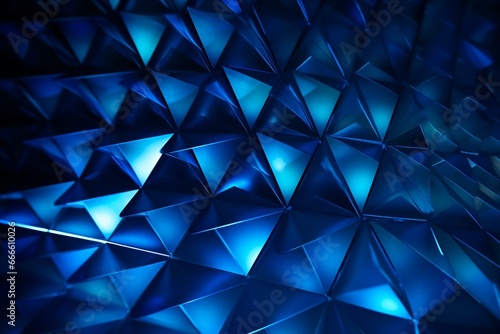Blue illuminated geometric surface with tetrahedrons. Generative AI photo