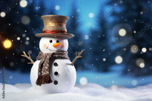 Funny snowman with hat and ribbon in snowy landscape at night with Christmas tree bokeh lights in banner panorama format with text space. Generative AI