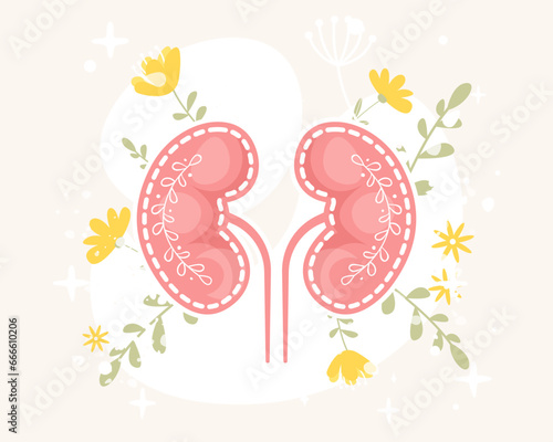 Floral kidneys vector illustration in flat cartoon style. Healthy human kidney with flowers and leaves