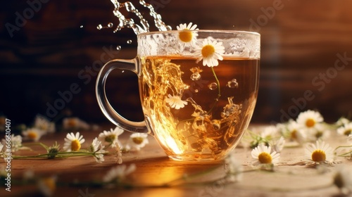 Cup of tea with chamomile flowers on wooden background photo