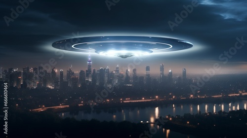 High contrast ufo over city at night with light ray