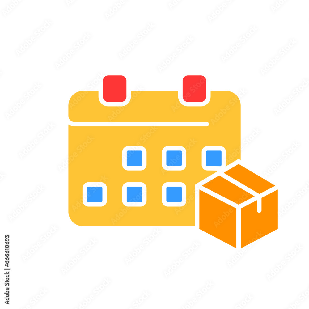 Calendar with box line icon. Delivery, mail, van, transportation, courier, international transport. Vector color icon on white background for business and advertising Calendar with box line icon. Delivery, mail, van, transportation, courier, international transport. Vector color icon on white background for business and advertising