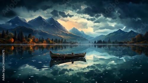 Illustration of a canoe in the middle of a lake with mountains in the background and cloudy sky © Iarte