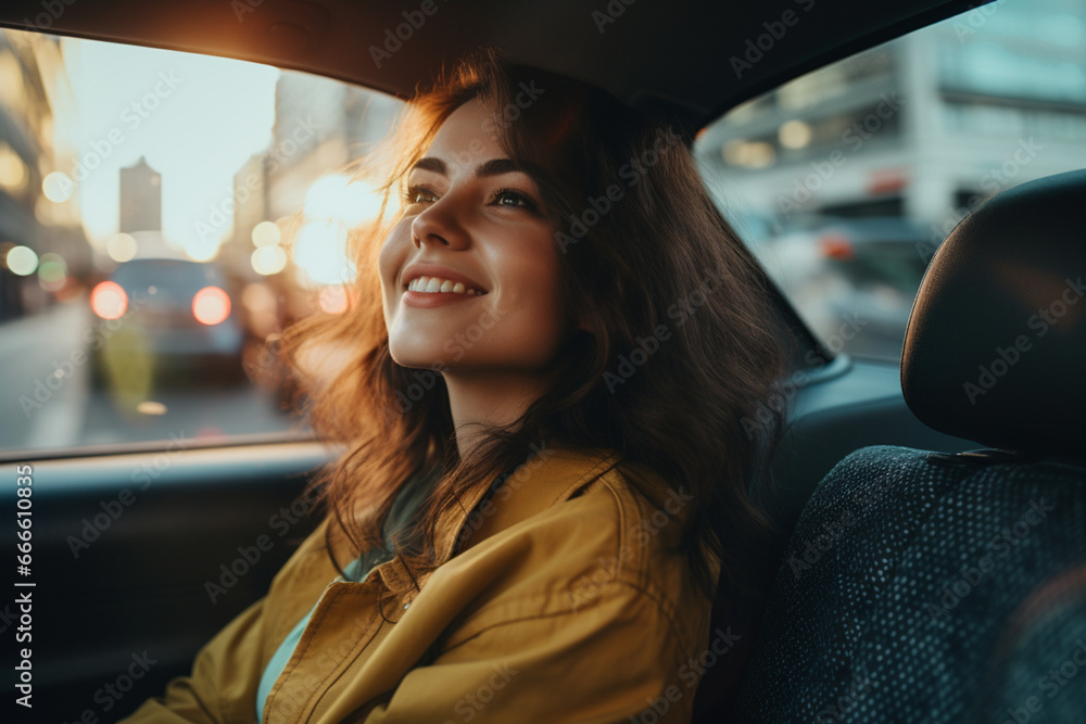 Smiling young woman looking at the city from the backseat of a taxi Smiling young woman looking at the city from the backseat of a taxi