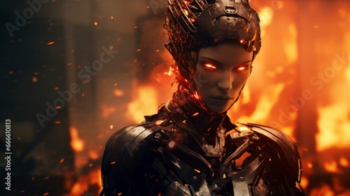 Futuristic black female robot destroying the world on fire epic style