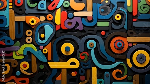 Abstract artwork with wood effect colored shapes and lines