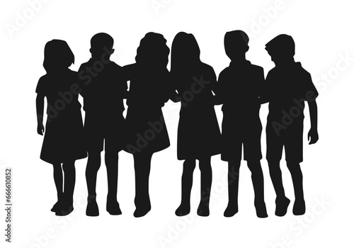 illustration of little boys and girls embracing each other. concept of friendship, school, children's day in silhouette style. vector illustration.