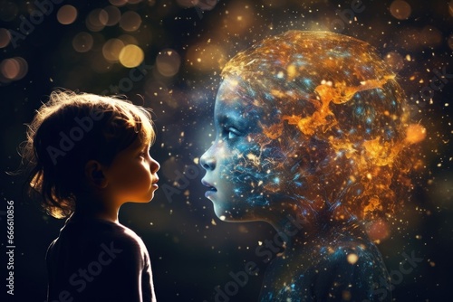 The image of a child is mixed with the image of space and the universe. Child's dreams about space