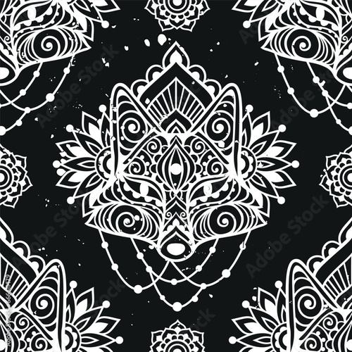 Fox mandala ornament. Vector illustration. Flower Ethnic drawing. Fox animal in Zen boho style. Boho, hippie pattern