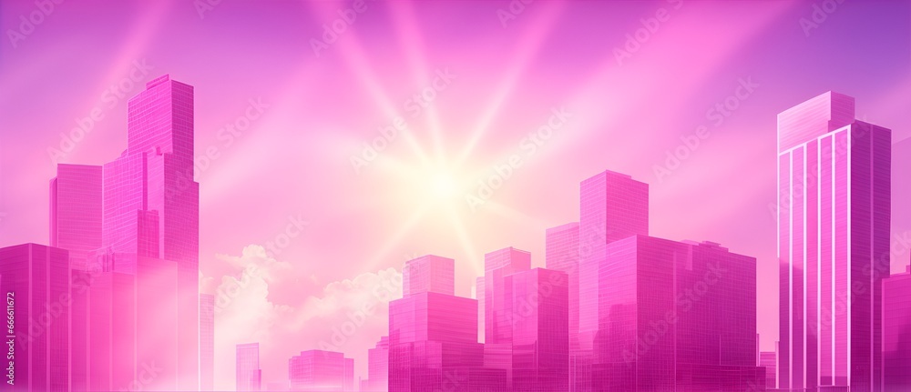 Pink colored business concept with buildings and rays of light background from Generative AI